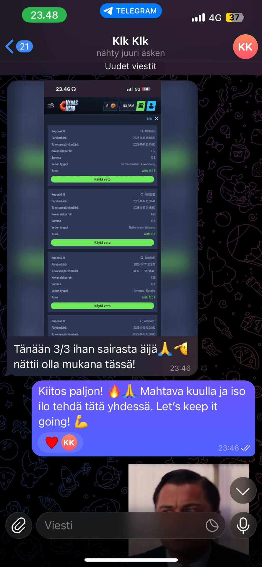 Asiakkaan palaute Telegramissa